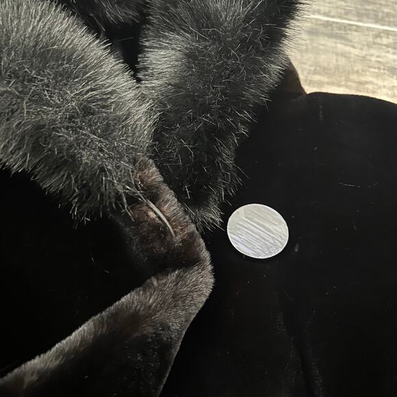 Nuage Dark Brown Black Faux Fur Hooded Coat w/ Trim Diamond Pattern Y2K - Picture 12 of 16